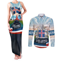Iceland National Day Couples Matching Tank Maxi Dress and Long Sleeve Button Shirt with Icelandic Flag Crest and Scenic Landscape Design