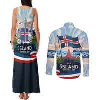 Iceland National Day Couples Matching Tank Maxi Dress and Long Sleeve Button Shirt with Icelandic Flag Crest and Scenic Landscape Design