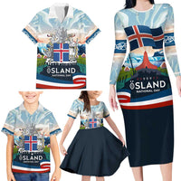 Iceland National Day Family Matching Long Sleeve Bodycon Dress and Hawaiian Shirt with Icelandic Flag Crest and Scenic Landscape Design