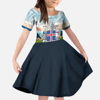 Iceland National Day Family Matching Off The Shoulder Long Sleeve Dress and Hawaiian Shirt with Icelandic Flag Crest and Scenic Landscape Design