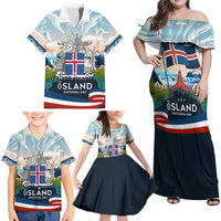 Iceland National Day Family Matching Off Shoulder Maxi Dress and Hawaiian Shirt with Icelandic Flag Crest and Scenic Landscape Design