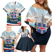 Iceland National Day Family Matching Off Shoulder Short Dress and Hawaiian Shirt with Icelandic Flag Crest and Scenic Landscape Design