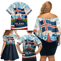 Iceland National Day Family Matching Off Shoulder Short Dress and Hawaiian Shirt with Icelandic Flag Crest and Scenic Landscape Design