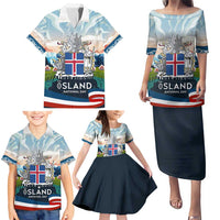 Iceland National Day Family Matching Puletasi and Hawaiian Shirt with Icelandic Flag Crest and Scenic Landscape Design