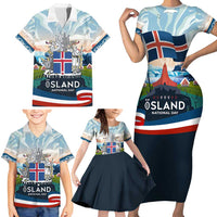 Iceland National Day Family Matching Short Sleeve Bodycon Dress and Hawaiian Shirt with Icelandic Flag Crest and Scenic Landscape Design