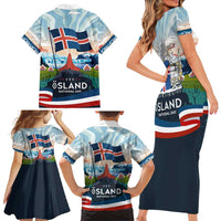 Iceland National Day Family Matching Short Sleeve Bodycon Dress and Hawaiian Shirt with Icelandic Flag Crest and Scenic Landscape Design