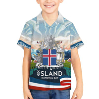 Iceland National Day Family Matching Short Sleeve Bodycon Dress and Hawaiian Shirt with Icelandic Flag Crest and Scenic Landscape Design