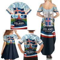 Iceland National Day Family Matching Summer Maxi Dress and Hawaiian Shirt with Icelandic Flag Crest and Scenic Landscape Design