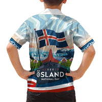 Iceland National Day Family Matching Tank Maxi Dress and Hawaiian Shirt with Icelandic Flag Crest and Scenic Landscape Design
