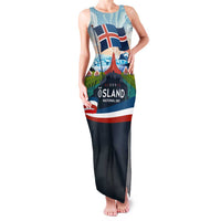 Iceland National Day Family Matching Tank Maxi Dress and Hawaiian Shirt with Icelandic Flag Crest and Scenic Landscape Design