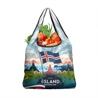 Iceland National Day Grocery Bag with Icelandic Flag Crest and Scenic Landscape Design