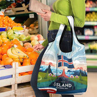 Iceland National Day Grocery Bag with Icelandic Flag Crest and Scenic Landscape Design