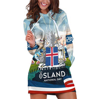 Iceland National Day Hoodie Dress with Icelandic Flag Crest and Scenic Landscape Design