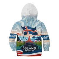 Iceland National Day Kid Hoodie with Icelandic Flag Crest and Scenic Landscape Design