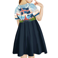 Iceland National Day Kid Short Sleeve Dress with Icelandic Flag Crest and Scenic Landscape Design