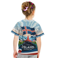 Iceland National Day Kid T Shirt with Icelandic Flag Crest and Scenic Landscape Design