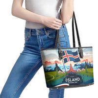 Iceland National Day Leather Tote Bag with Icelandic Flag Crest and Scenic Landscape Design
