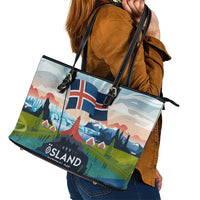 Iceland National Day Leather Tote Bag with Icelandic Flag Crest and Scenic Landscape Design