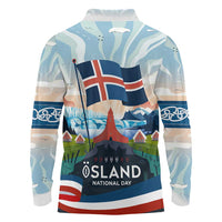 Iceland National Day Long Sleeve Polo Shirt with Icelandic Flag Crest and Scenic Landscape Design
