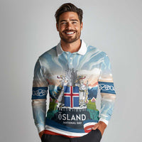 Iceland National Day Long Sleeve Polo Shirt with Icelandic Flag Crest and Scenic Landscape Design