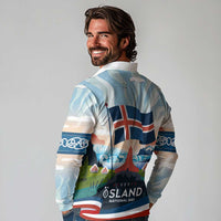Iceland National Day Long Sleeve Polo Shirt with Icelandic Flag Crest and Scenic Landscape Design