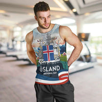 Iceland National Day Men Tank Top with Icelandic Flag Crest and Scenic Landscape Design