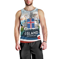 Iceland National Day Men Tank Top with Icelandic Flag Crest and Scenic Landscape Design