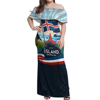 Iceland National Day Off Shoulder Maxi Dress with Icelandic Flag Crest and Scenic Landscape Design
