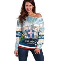 Iceland National Day Off Shoulder Sweater with Icelandic Flag Crest and Scenic Landscape Design