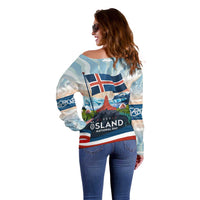 Iceland National Day Off Shoulder Sweater with Icelandic Flag Crest and Scenic Landscape Design
