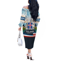 Iceland National Day Off The Shoulder Long Sleeve Dress with Icelandic Flag Crest and Scenic Landscape Design