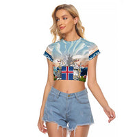 Iceland National Day Raglan Cropped T Shirt with Icelandic Flag Crest and Scenic Landscape Design