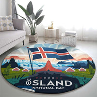 Iceland National Day Round Carpet with Icelandic Flag Crest and Scenic Landscape Design