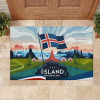 Iceland National Day Rubber Doormat with Icelandic Flag Crest and Scenic Landscape Design