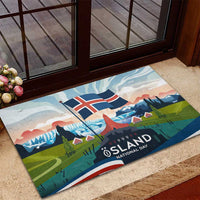 Iceland National Day Rubber Doormat with Icelandic Flag Crest and Scenic Landscape Design