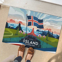 Iceland National Day Rubber Doormat with Icelandic Flag Crest and Scenic Landscape Design