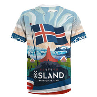 Iceland National Day Rugby Jersey with Icelandic Flag Crest and Scenic Landscape Design