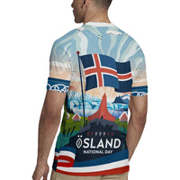 Iceland National Day Rugby Jersey with Icelandic Flag Crest and Scenic Landscape Design