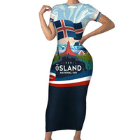 Iceland National Day Short Sleeve Bodycon Dress with Icelandic Flag Crest and Scenic Landscape Design