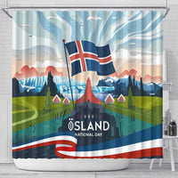 Iceland National Day Shower Curtain with Icelandic Flag Crest and Scenic Landscape Design
