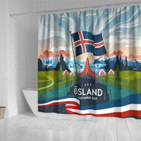 Iceland National Day Shower Curtain with Icelandic Flag Crest and Scenic Landscape Design