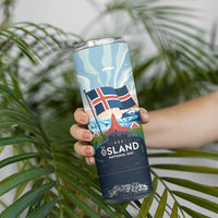 Iceland National Day Skinny Tumbler with Icelandic Flag Crest and Scenic Landscape Design