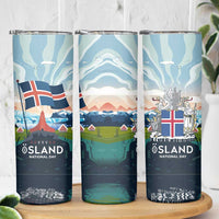 Iceland National Day Skinny Tumbler with Icelandic Flag Crest and Scenic Landscape Design