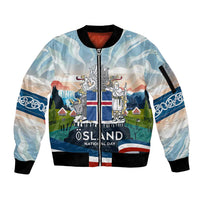 Iceland National Day Sleeve Zip Bomber Jacket with Icelandic Flag Crest and Scenic Landscape Design