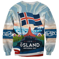 Iceland National Day Sweatshirt with Icelandic Flag Crest and Scenic Landscape Design