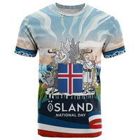 Iceland National Day T Shirt with Icelandic Flag Crest and Scenic Landscape Design
