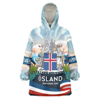 Iceland National Day Wearable Blanket Hoodie with Icelandic Flag Crest and Scenic Landscape Design