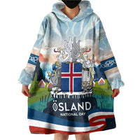 Iceland National Day Wearable Blanket Hoodie with Icelandic Flag Crest and Scenic Landscape Design