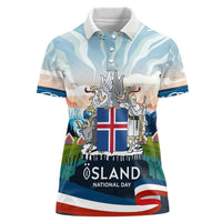 Iceland National Day Women Polo Shirt with Icelandic Flag Crest and Scenic Landscape Design