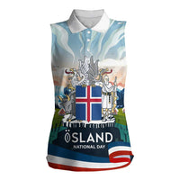 Iceland National Day Women Sleeveless Polo Shirt with Icelandic Flag Crest and Scenic Landscape Design